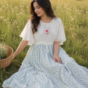 Sky Blue & White Gorget Long Frock for Women
