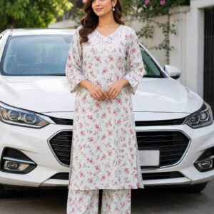 White Cotton Long 2-Piece Set for Women