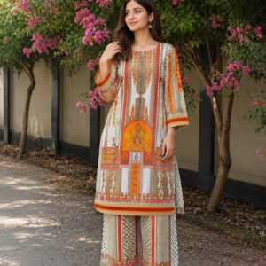 Orange & White Silk Long Dress 2-Piece Set for Women