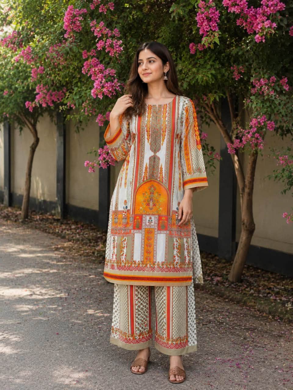 Orange & White Silk Long Dress 2-Piece Set for Women