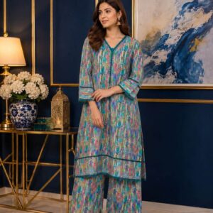 Blue & Ash Cotton Long 2-Piece Set for Women